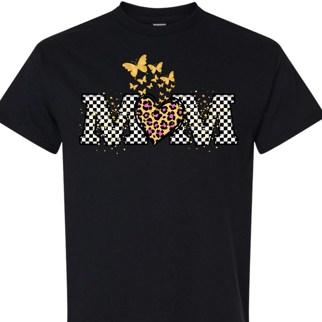 Butterfly Leopard Heart Checkered Mama Graphic T-Shirt for Women