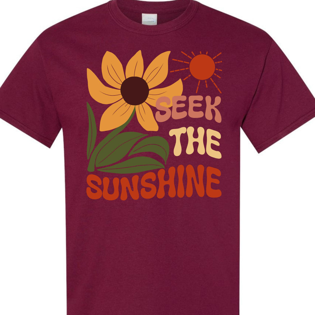 Seek The Sunshine Positive Quote Sunflower Graphic Tee for Women, Cute Floral T-Shirt
