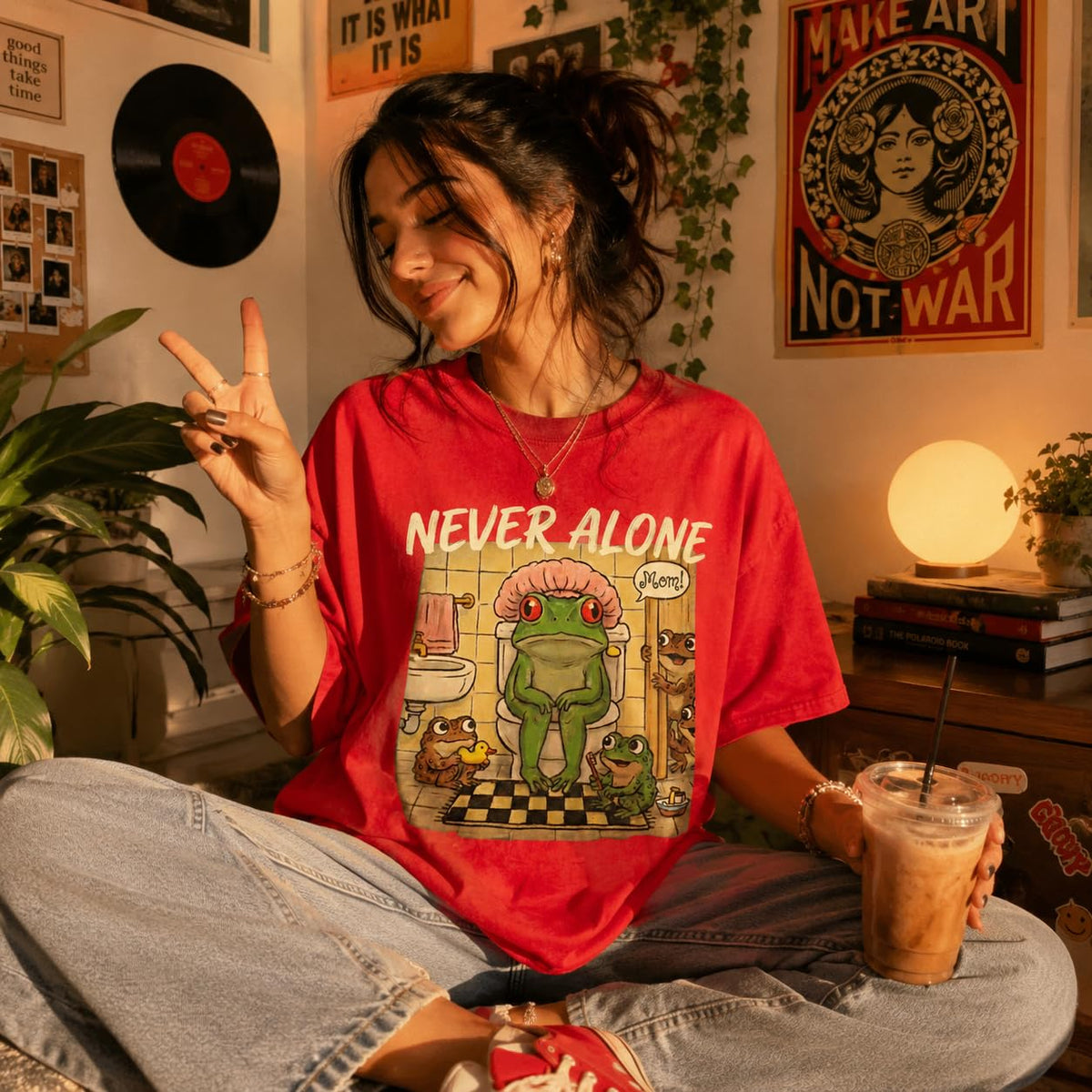 Never Alone Frog Mom Funny Graphic T-Shirt for Women