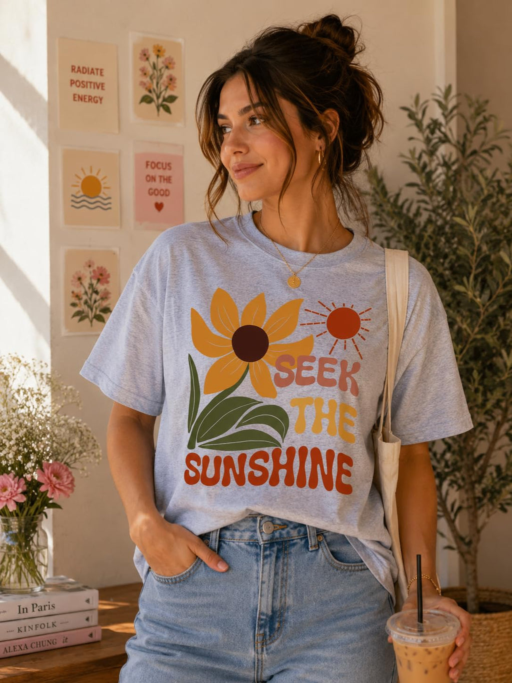 Seek The Sunshine Positive Quote Sunflower Graphic Tee for Women, Cute Floral T-Shirt