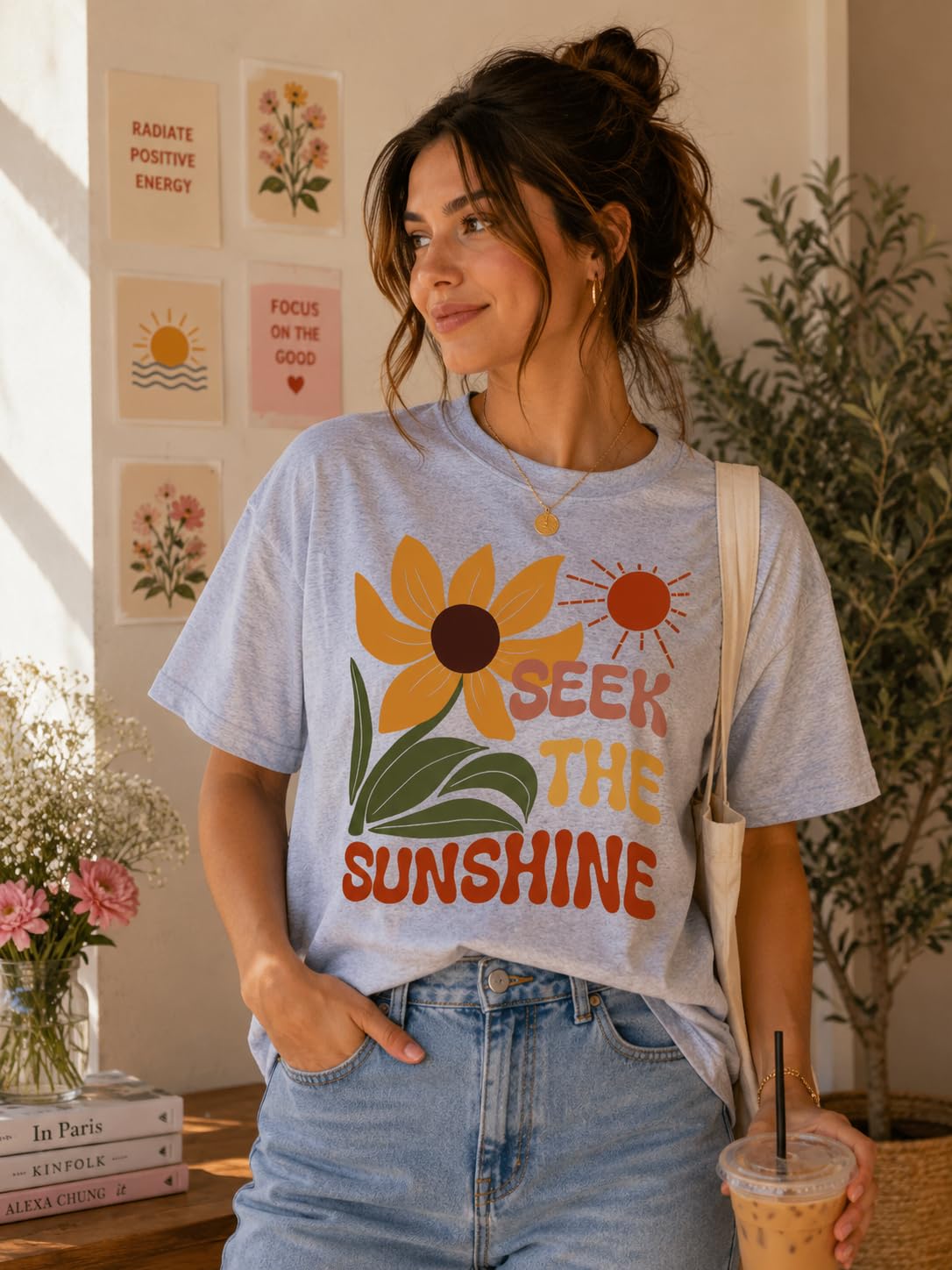 Seek The Sunshine Positive Quote Sunflower Graphic Tee for Women, Cute Floral T-Shirt