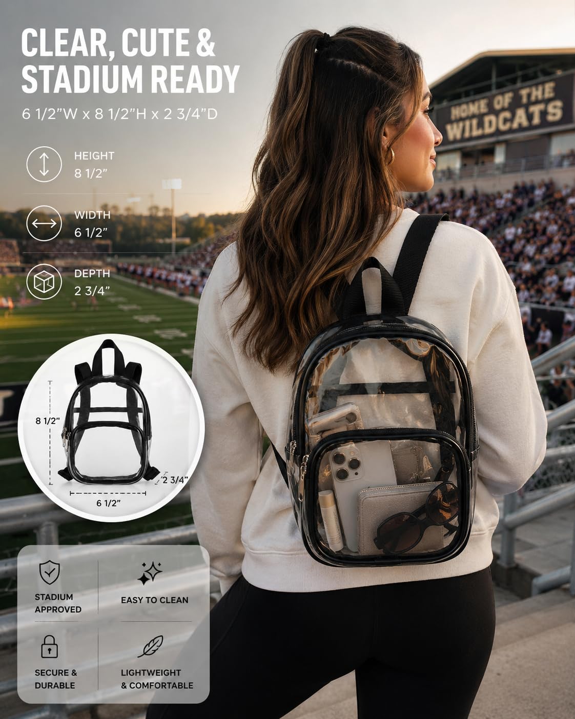 Clear Backpack, Stadium Approved Clear Bag for School, College, Sports, Concerts, and Travel