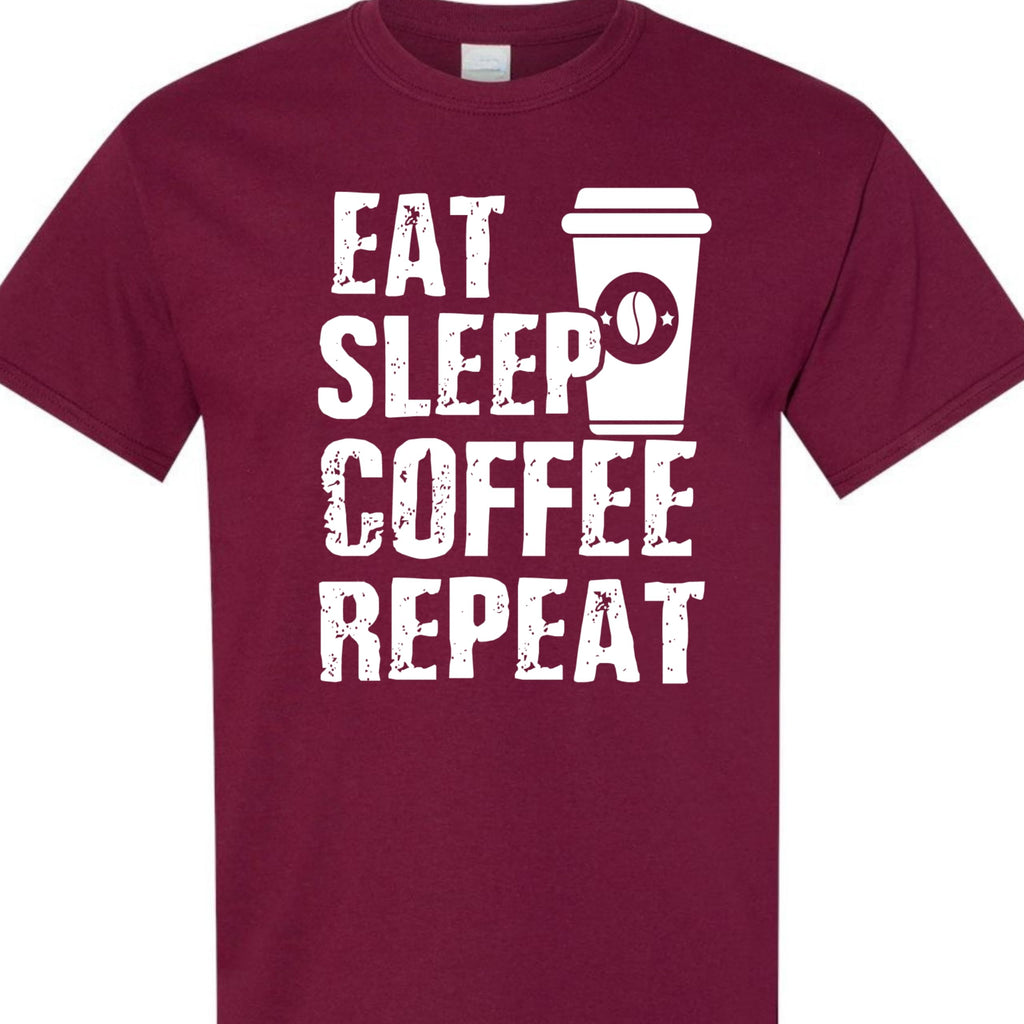 Eat Sleep Coffee Repeat Graphic Tee, Funny Caffeine Addict Quote Shirt for Women and Men, Trendy Barista Coffee Lover Gift