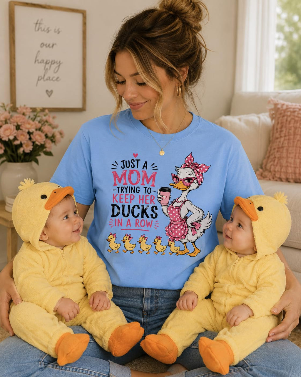 Funny Mom T-Shirt, Just A Mom Trying to Keep Her Ducks in A Row, Cute Mama Duck Graphic Tee, for Women