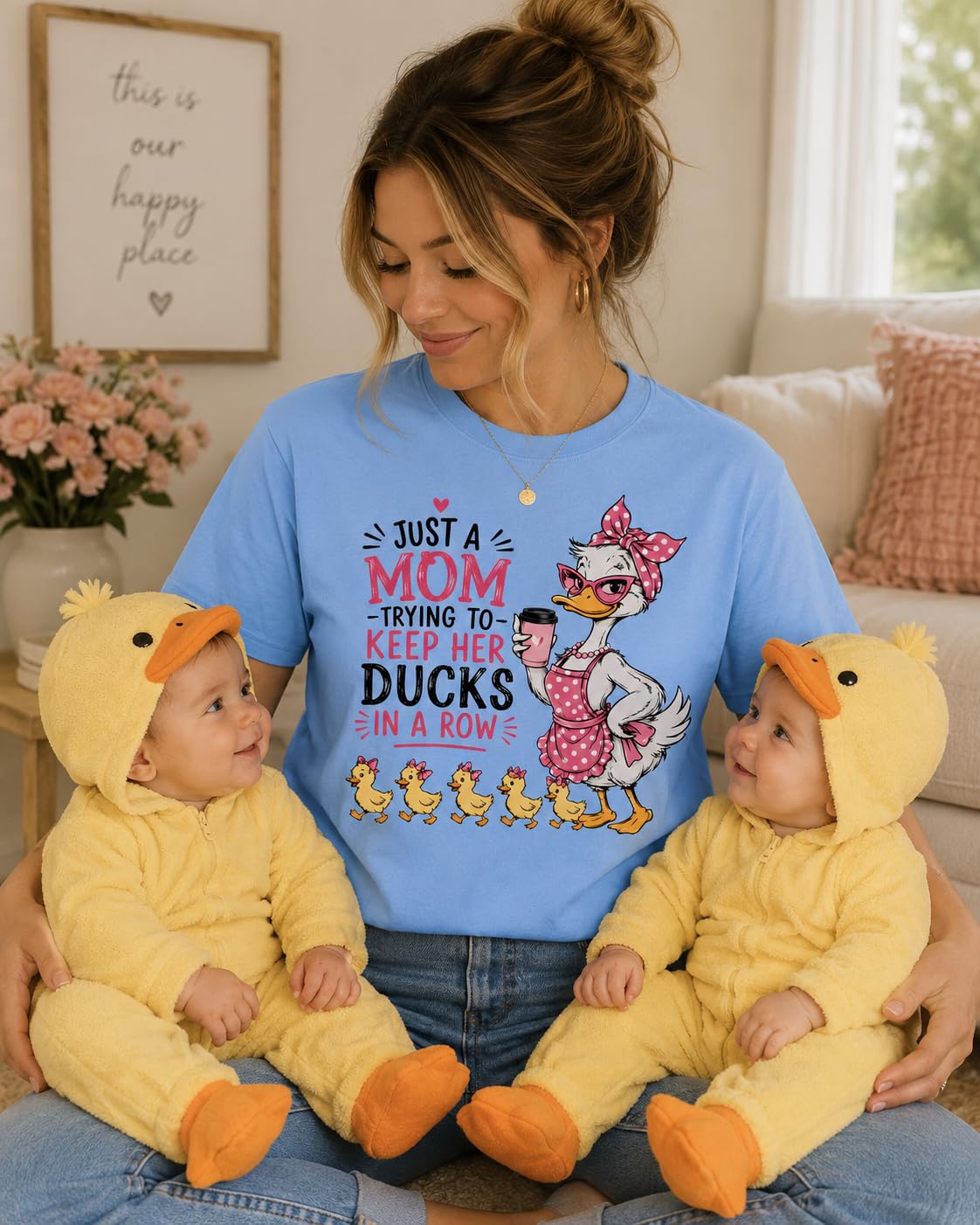 Funny Mom T-Shirt, Just A Mom Trying to Keep Her Ducks in A Row, Cute Mama Duck Graphic Tee, for Women