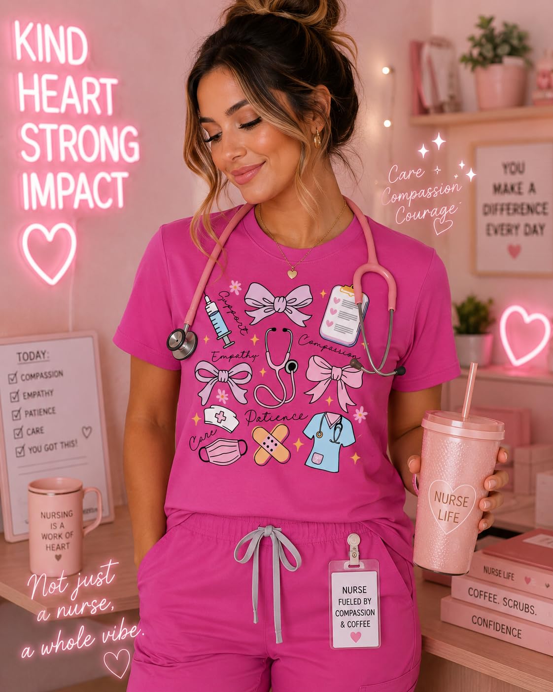 Nurse Shirt for Women, Cute Nursing Graphic Tee, Pink Bow Stethoscope Design, Registered Nurse Gift