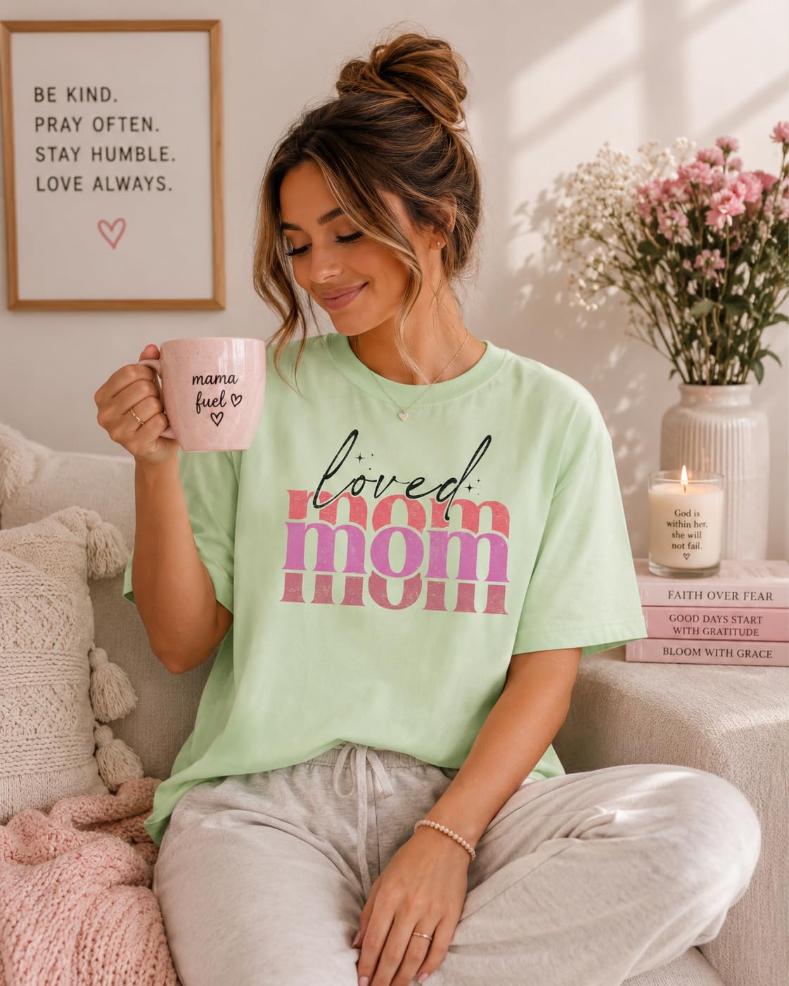 Loved Mom Graphic Tee for Women, Cute Retro Pink Mama T-Shirt, Aesthetic for Moms, Grandma, Wife