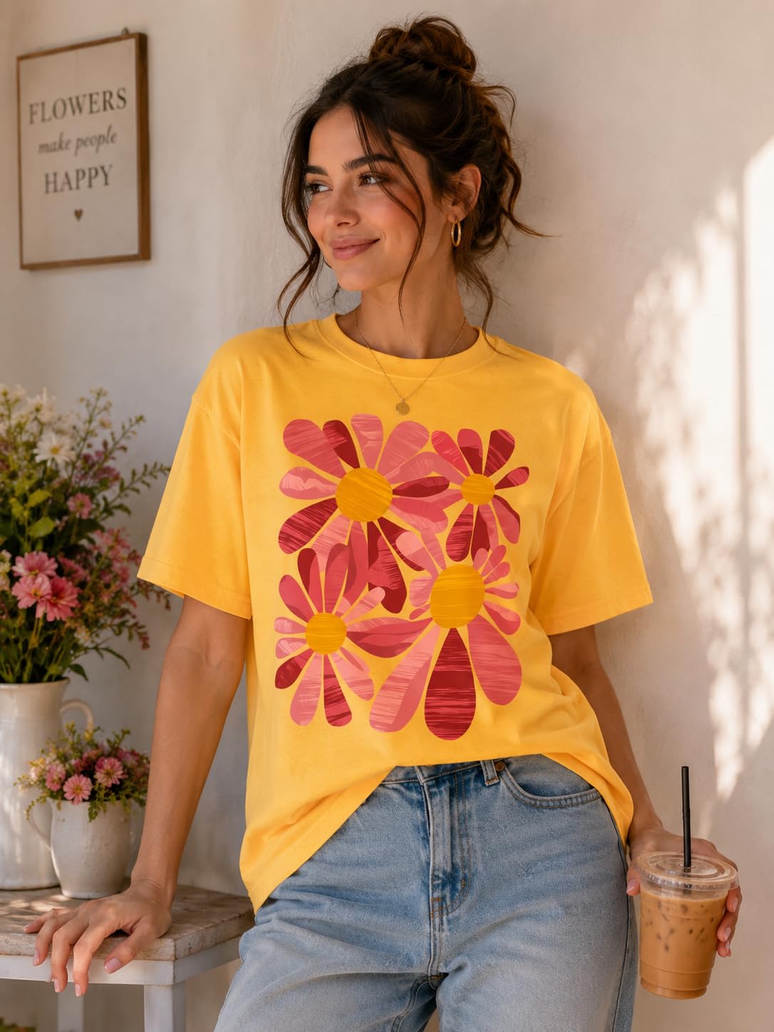Cute Pink Floral Graphic Tee for Women, Vintage Daisy Flower T-Shirt, Spring Summer Casual Shirt