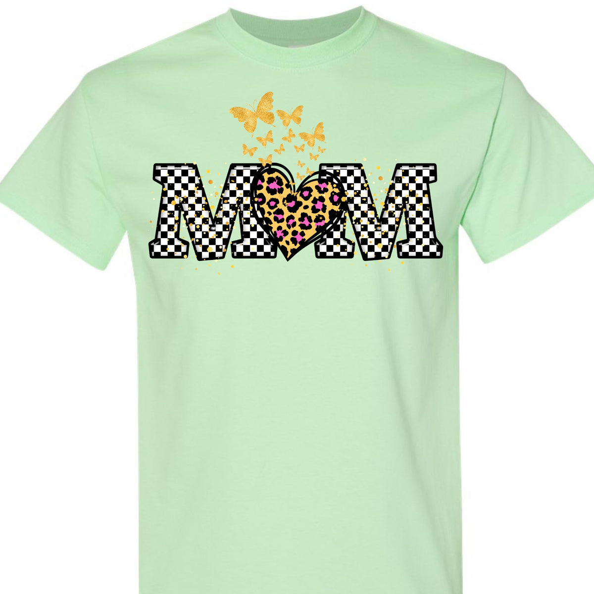Butterfly Leopard Heart Checkered Mama Graphic T-Shirt for Women
