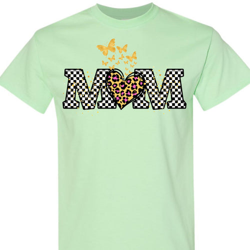Butterfly Leopard Heart Checkered Mama Graphic T-Shirt for Women