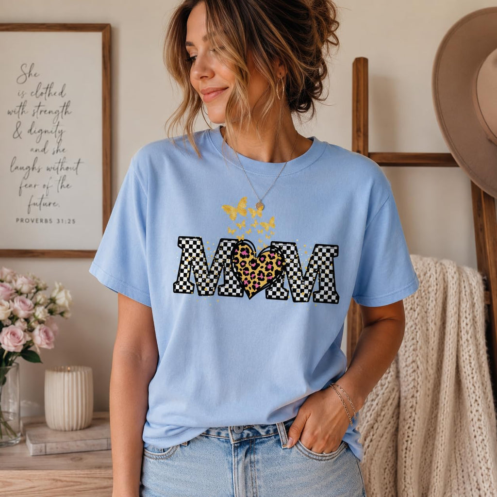 Butterfly Leopard Heart Checkered Mama Graphic T-Shirt for Women