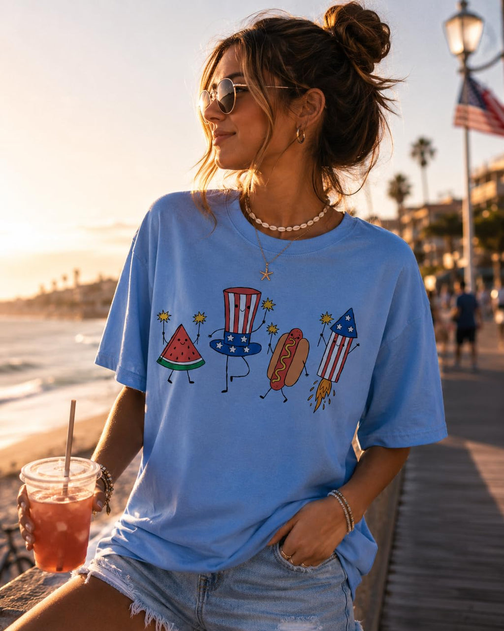 July 4th Patriotic Graphic Tee for Women, Independence Day American Flag Fireworks Top, USA Summer Shirt
