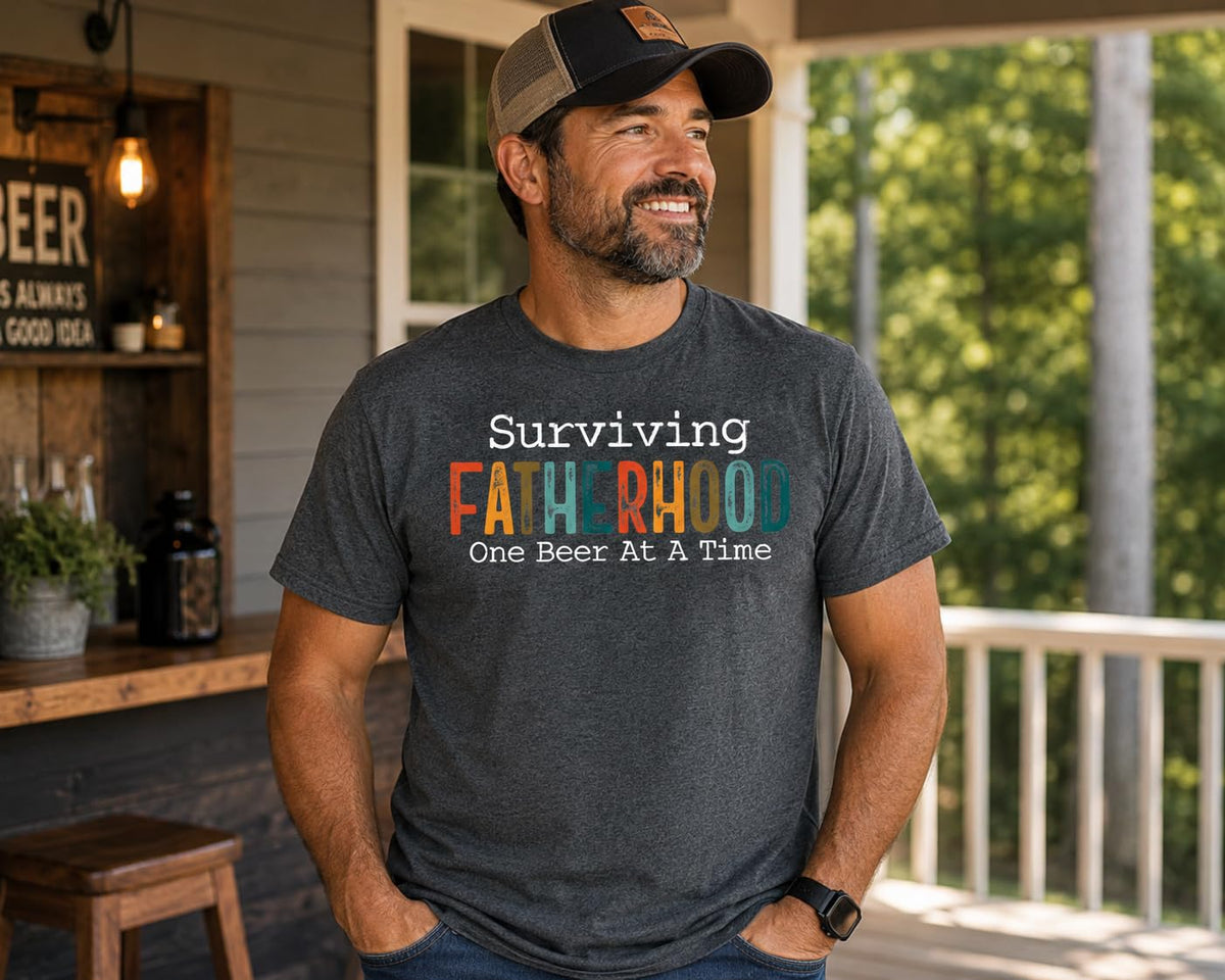 Surviving Fatherhood Funny Dad Beer Graphic Tee, Retro Father's Day T-Shirt, Gift for Dads, Husband, Grandpa