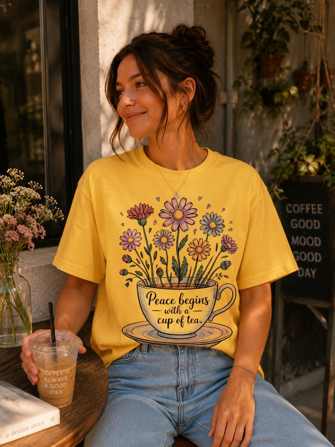 Tea Lover Graphic T-Shirt, Peace Begins with a Cup of Tea Floral Quote Tee