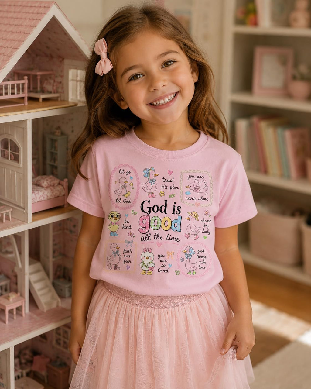 God is Good All The Time Shirt for Girls, Christian Graphic Tee, Faith Based Kids T-Shirt, Cute Duck Graphic