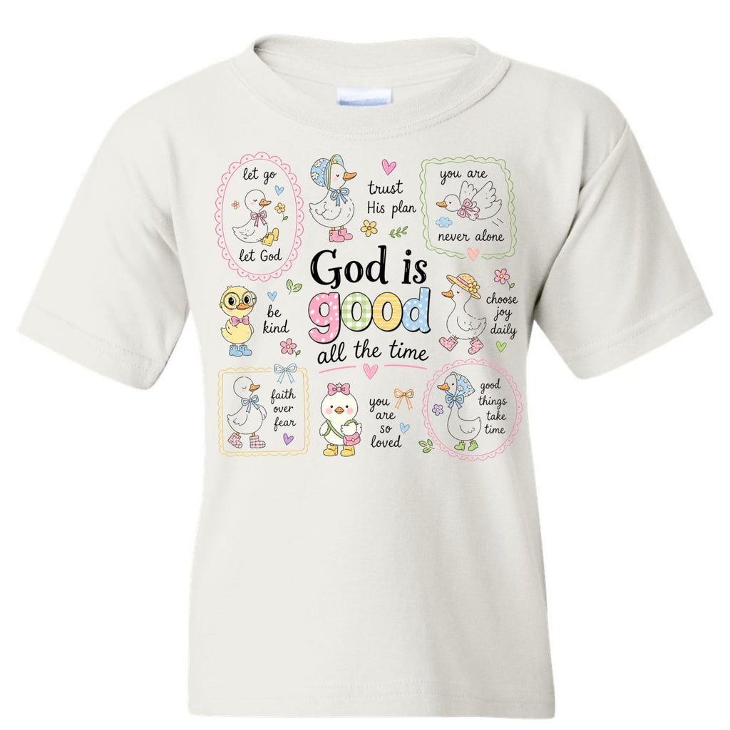 God is Good All The Time Shirt for Girls, Christian Graphic Tee, Faith Based Kids T-Shirt, Cute Duck Graphic