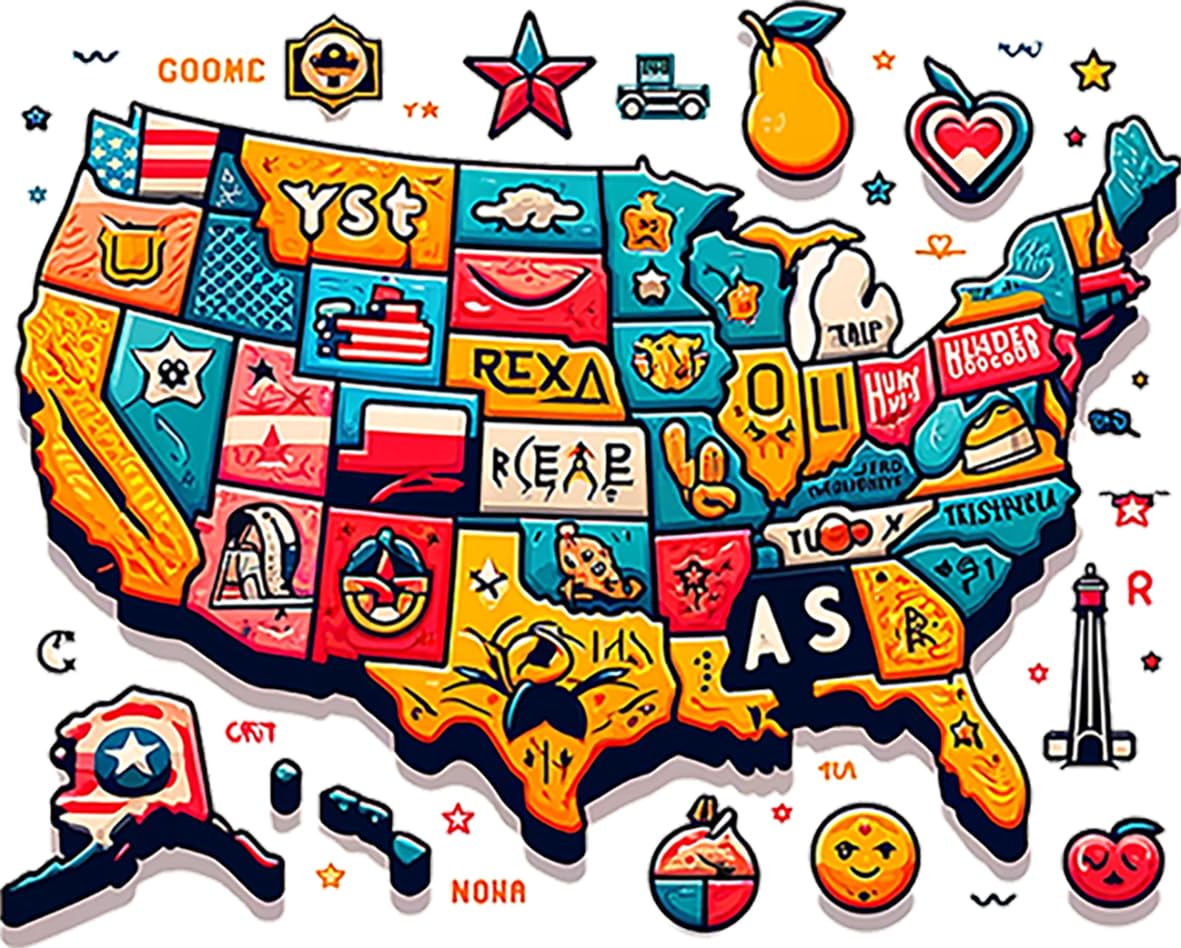 USA State Icons T-Shirt, Unique Map Design with State Symbols, Vibrant Colors, Travel/USA Lovers, Large