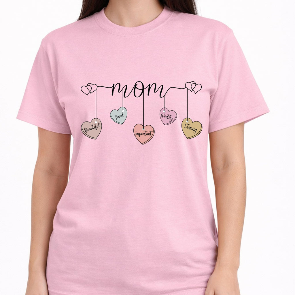 Mom Shirt with Hanging Heart Charms, Cute Mother Graphic T-Shirt, Gift for Mom, Soft Casual Women’s Tee