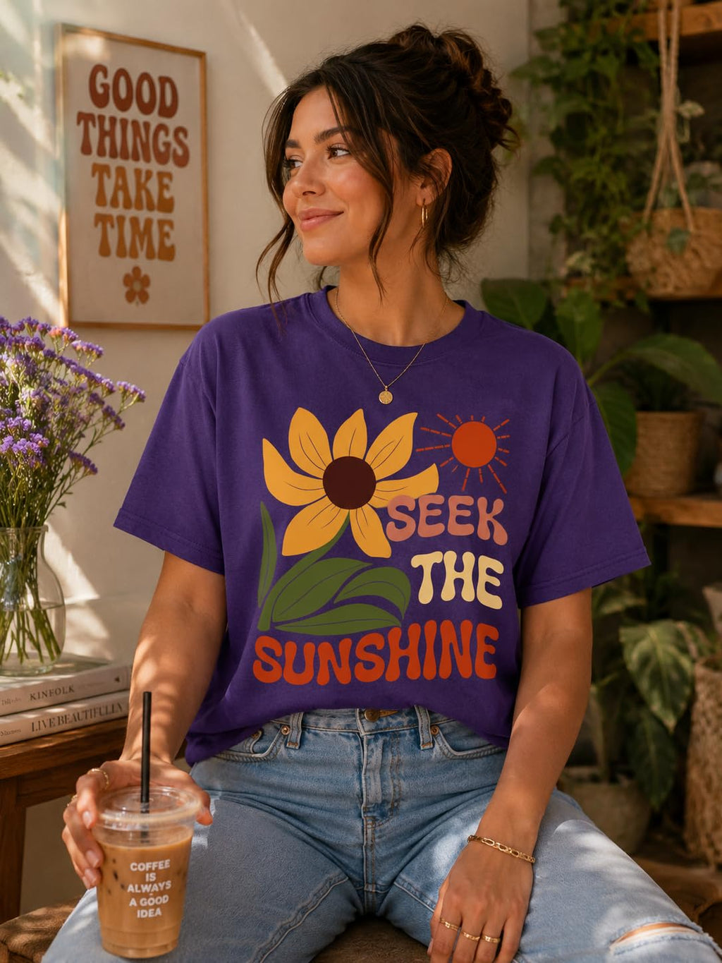 Seek The Sunshine Positive Quote Sunflower Graphic Tee for Women, Cute Floral T-Shirt