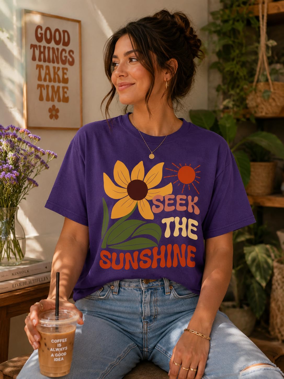 Seek The Sunshine Positive Quote Sunflower Graphic Tee for Women, Cute Floral T-Shirt