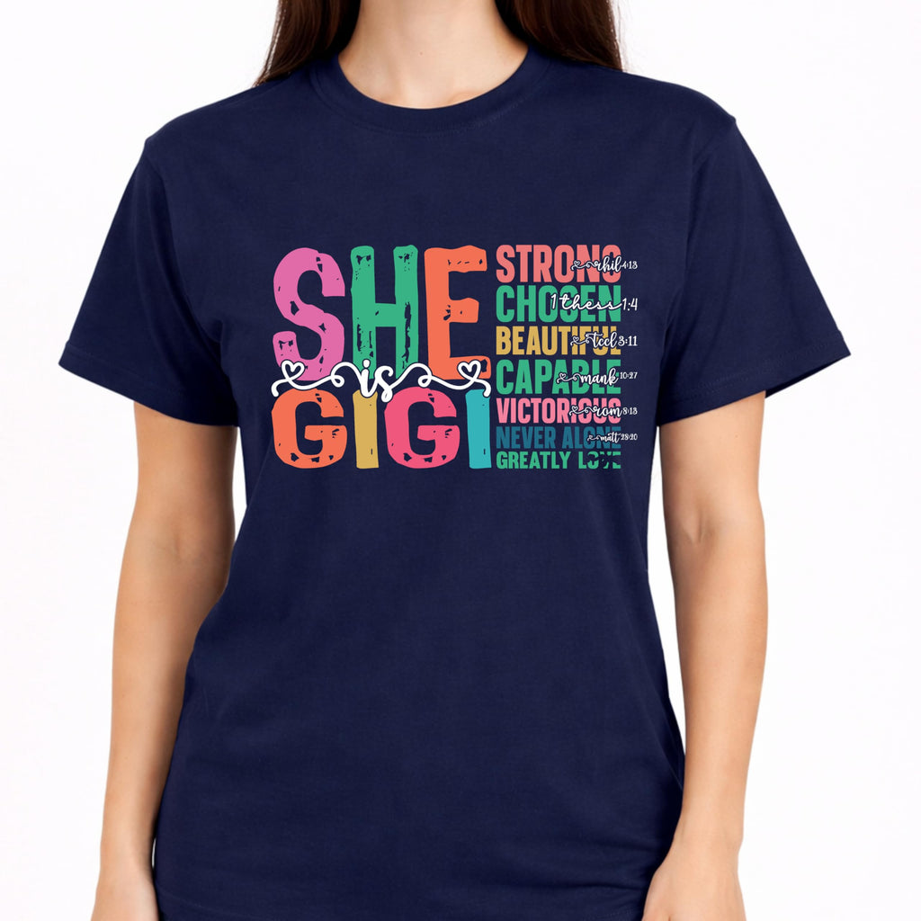 She is Gigi T-Shirt for Women, Christian Grandma Shirt, Faith Based Graphic Tee, Inspirational Bible Verse, Religious Gift