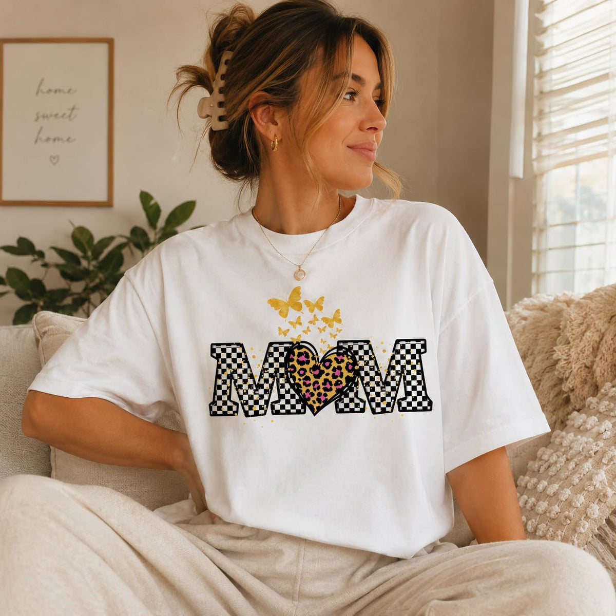Butterfly Leopard Heart Checkered Mama Graphic T-Shirt for Women