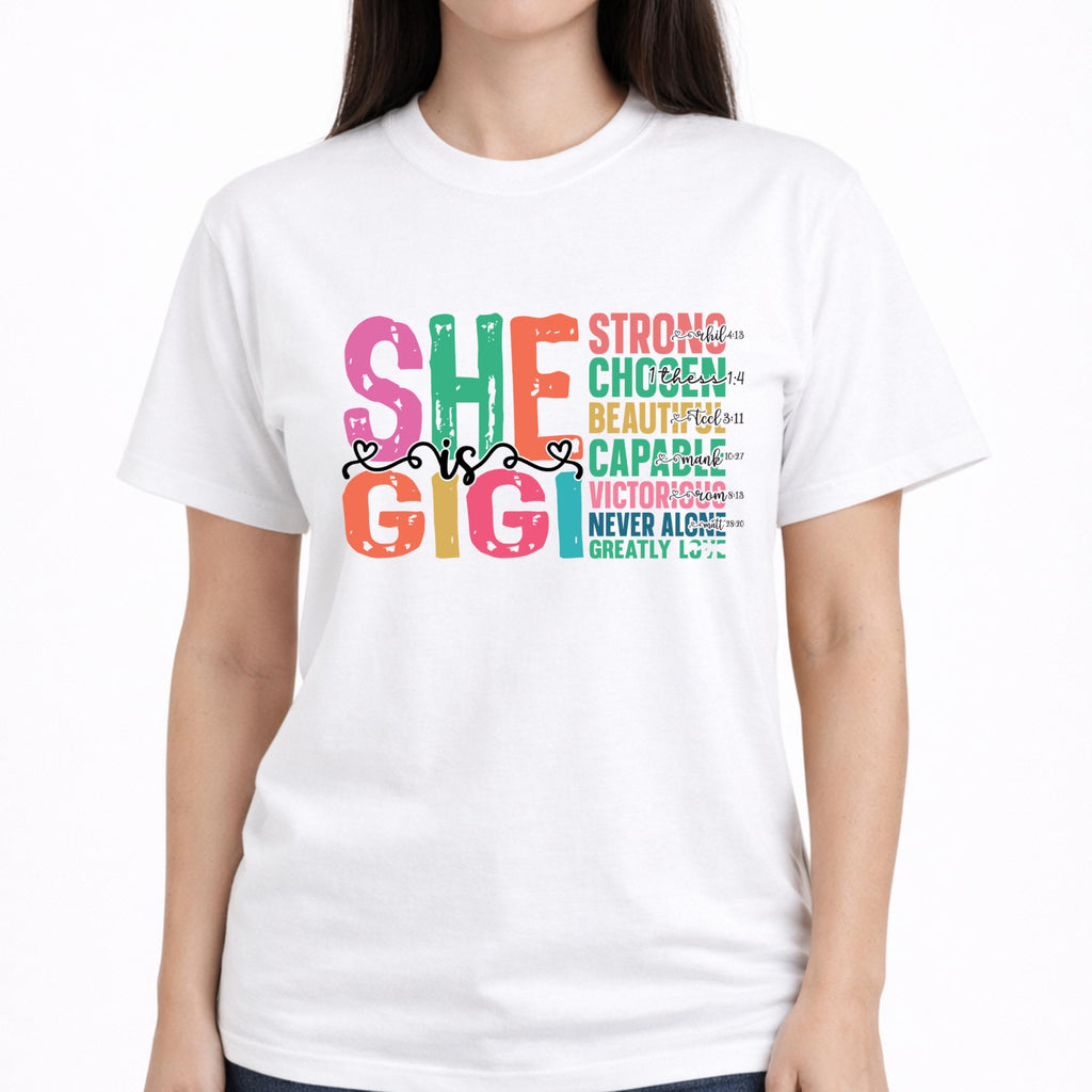 She is Gigi T-Shirt for Women, Christian Grandma Shirt, Faith Based Graphic Tee, Inspirational Bible Verse, Religious Gift