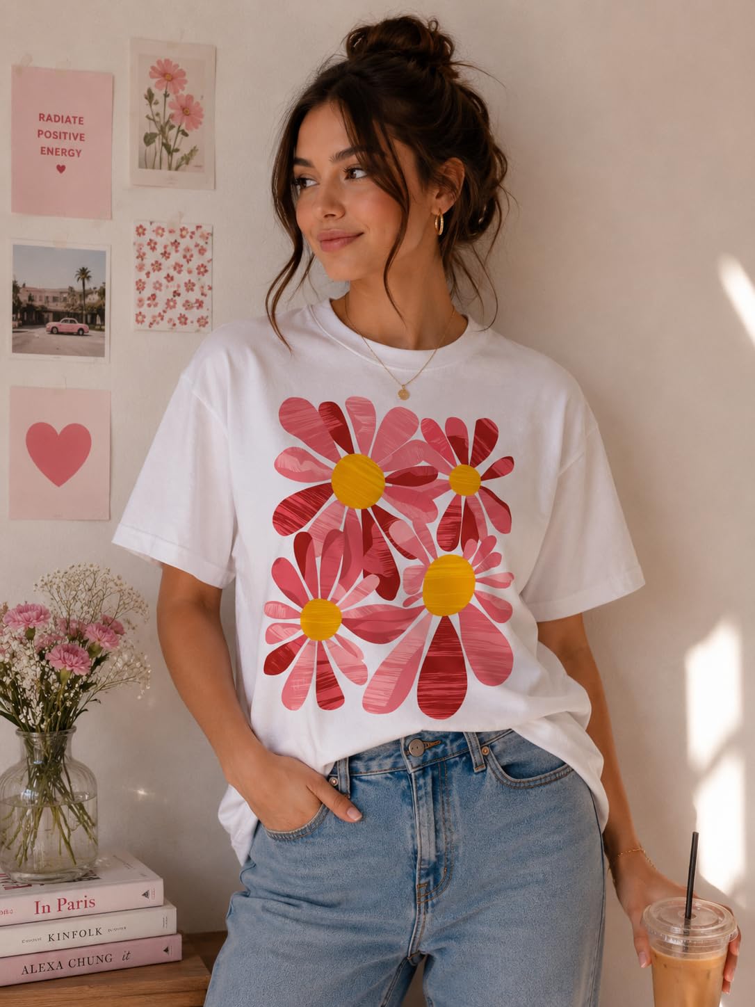 Cute Pink Floral Graphic Tee for Women, Vintage Daisy Flower T-Shirt, Spring Summer Casual Shirt