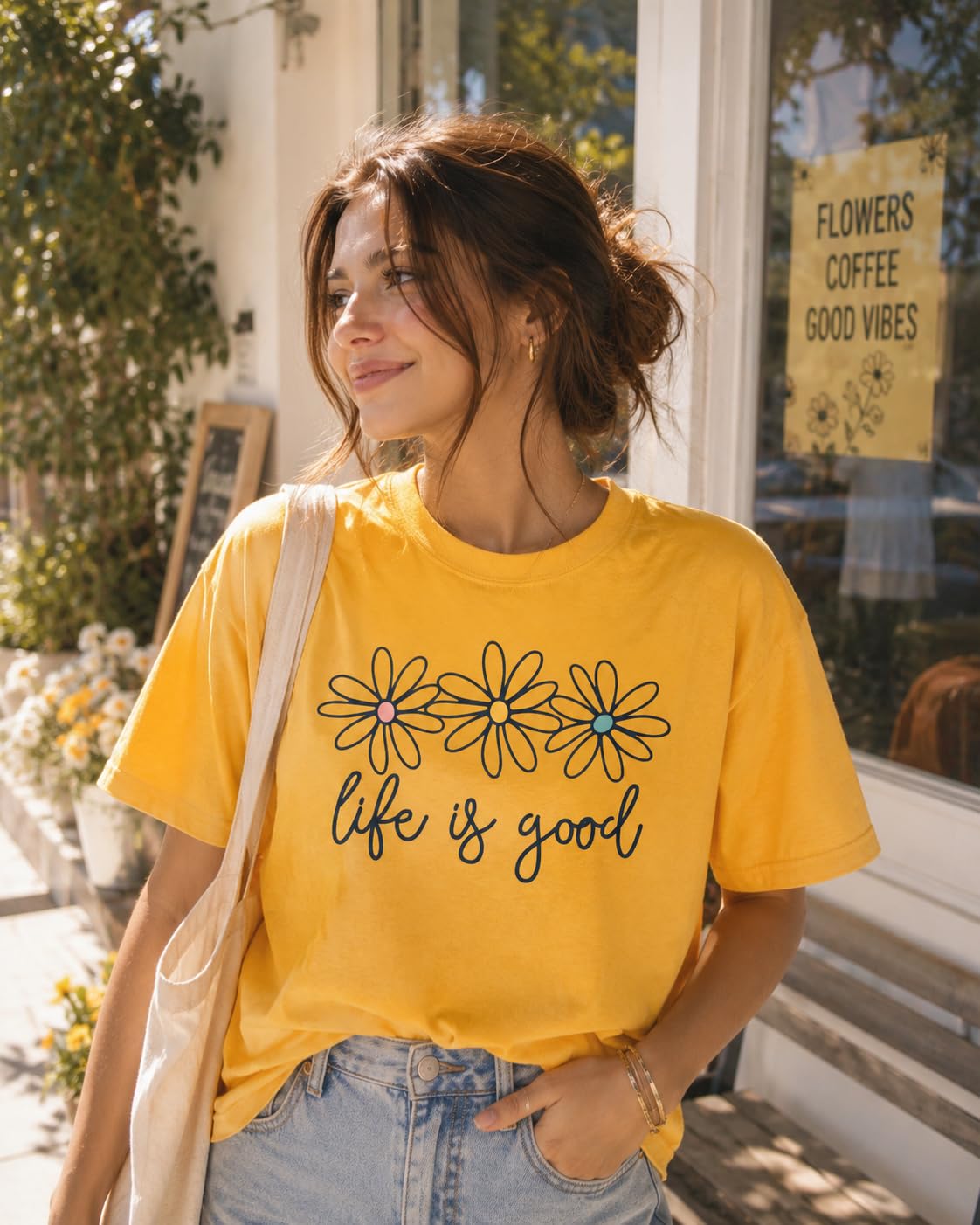 Life is Good Daisy Flower Graphic T-Shirt for Women Unisex Sizes
