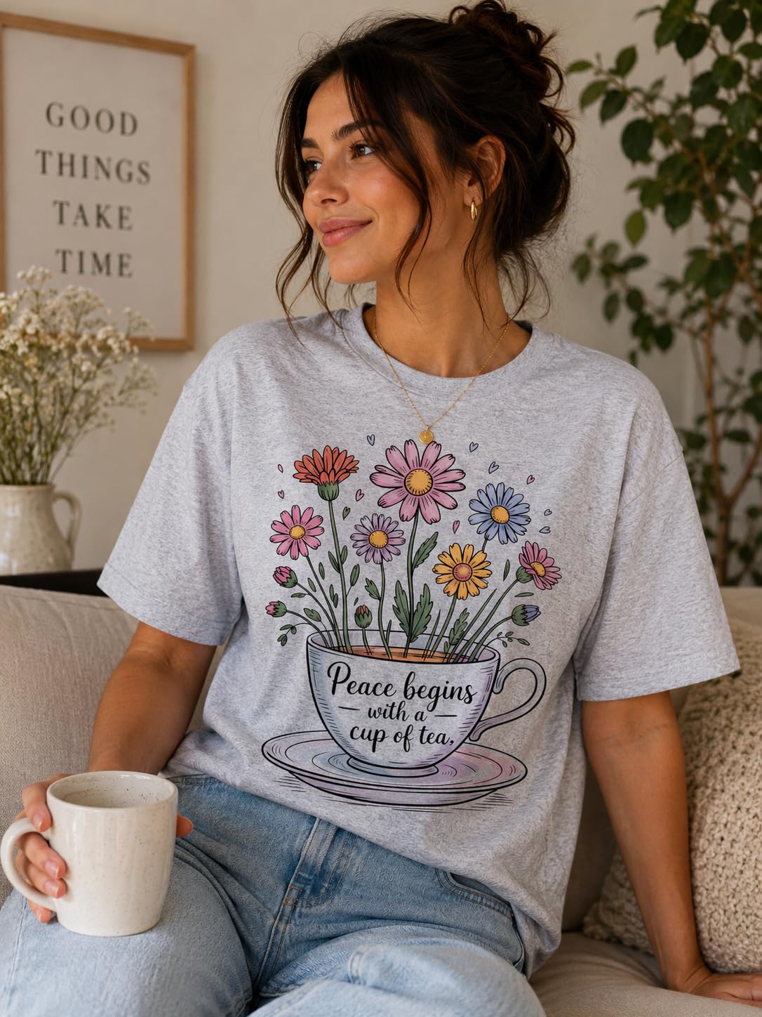 Tea Lover Graphic T-Shirt, Peace Begins with a Cup of Tea Floral Quote Tee