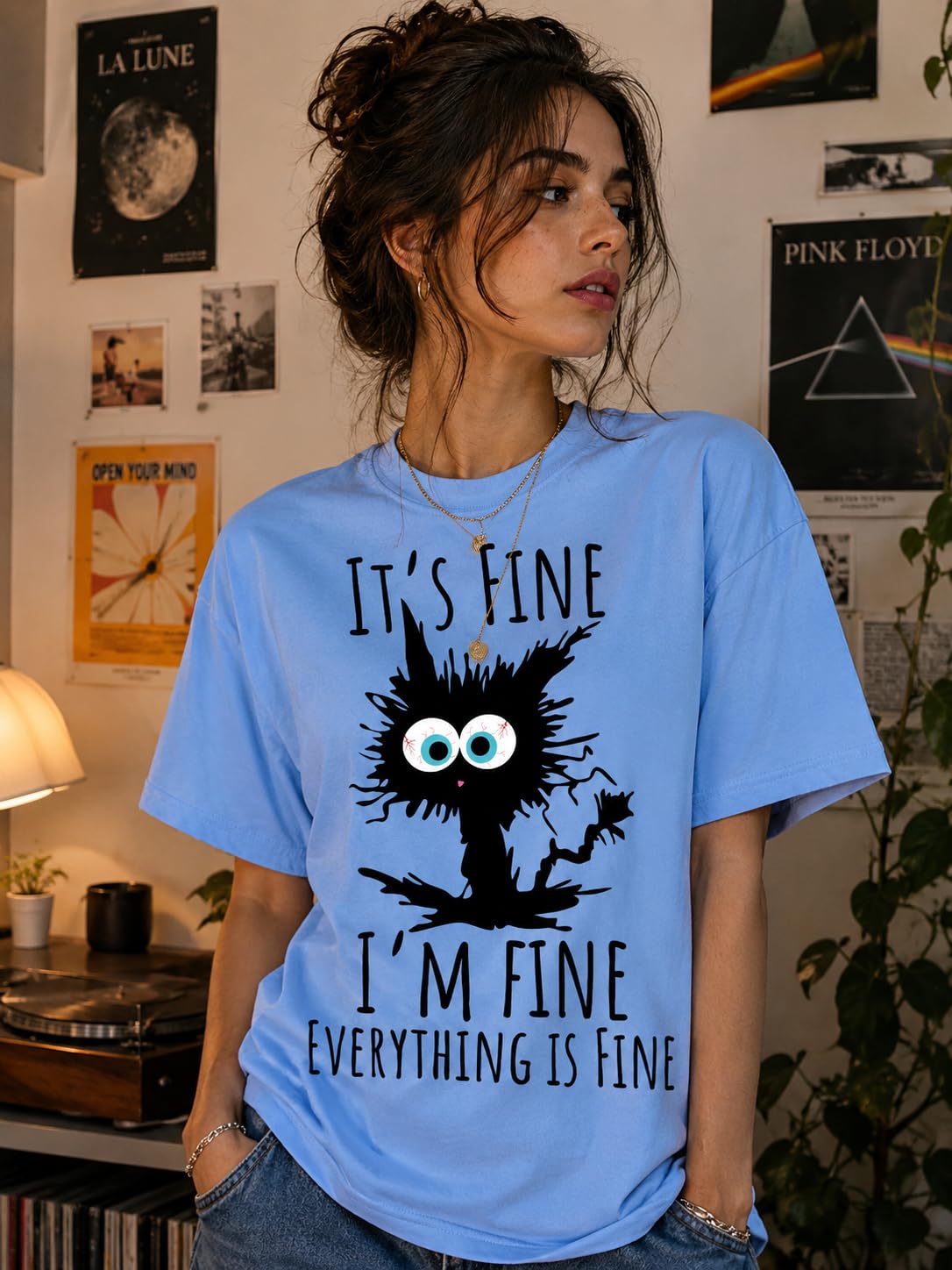 Black Cat Graphic T-Shirt It's Fine I'm Fine Everything is Fine