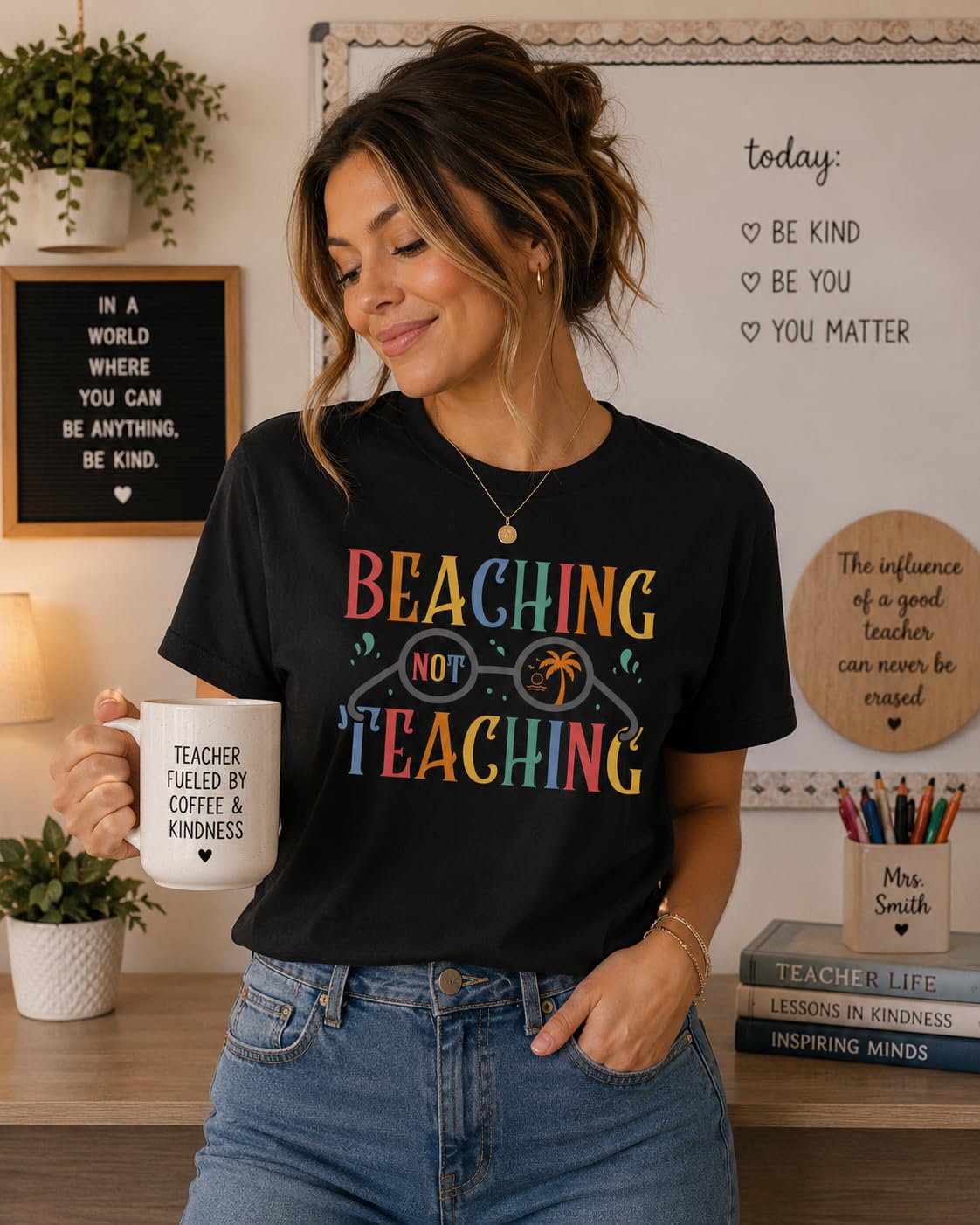 World and Space T-Shirt for Women, Funny Teacher Summer Vacation Tee, Retro Beach Graphic, 100% Cotton, Classic Fit