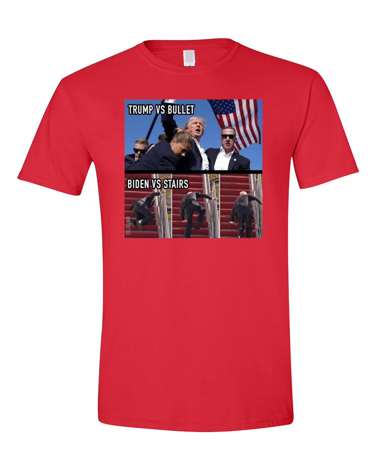 Funny Political Meme T-Shirt - Trump vs Bullet and Biden vs Stairs - Hilarious Graphic Tee for Men and Women