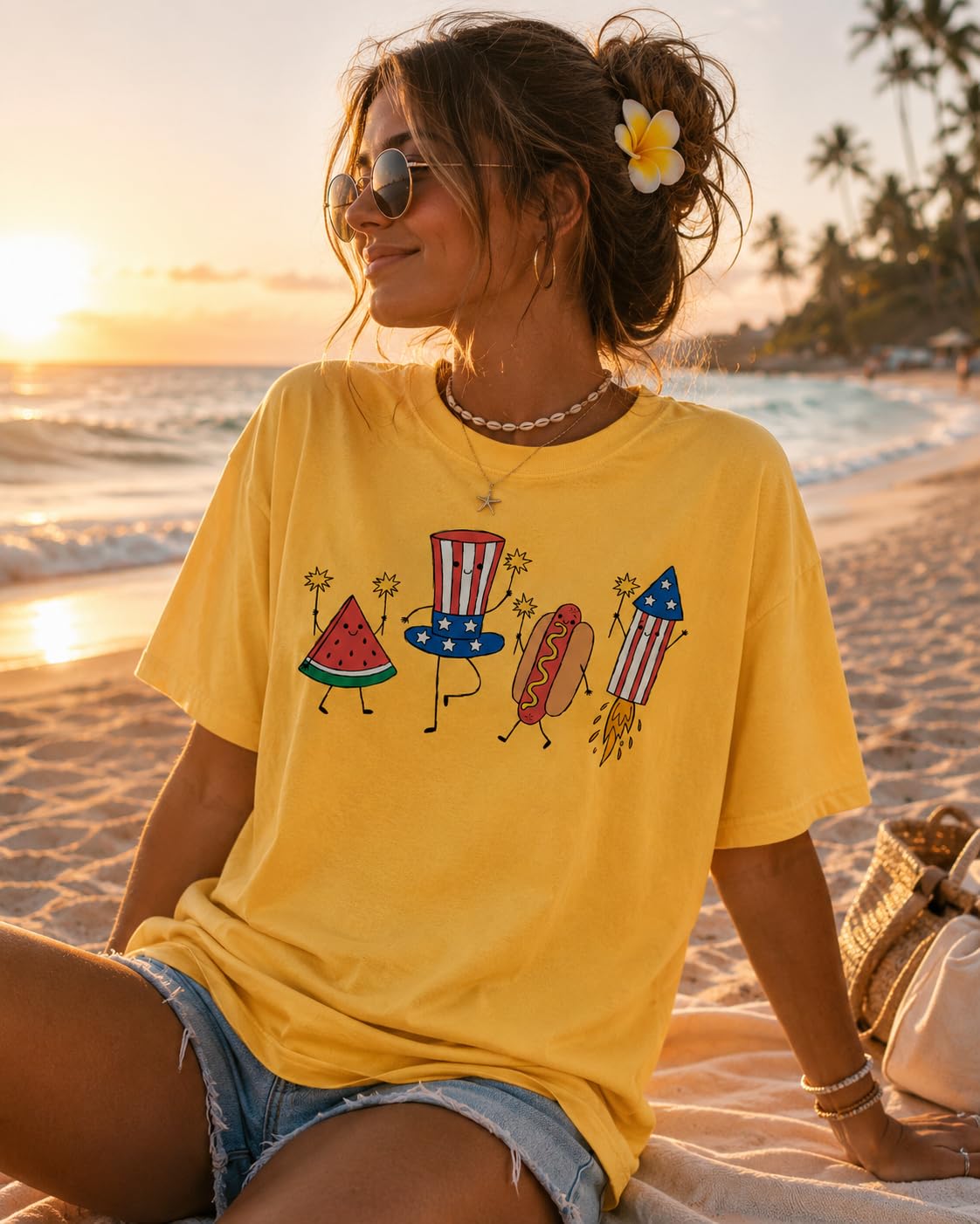 July 4th Patriotic Graphic Tee for Women, Independence Day American Flag Fireworks Top, USA Summer Shirt
