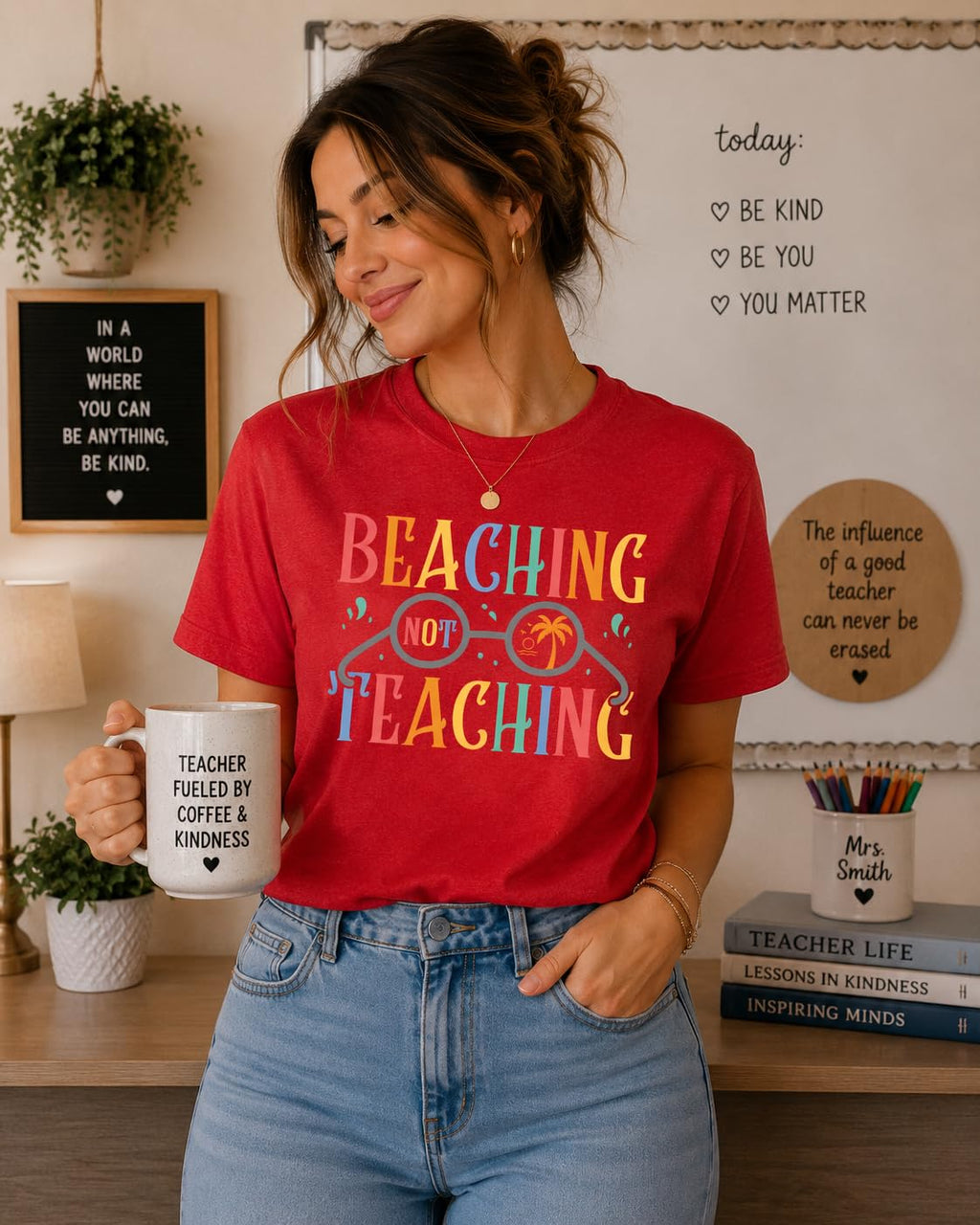 World and Space T-Shirt for Women, Funny Teacher Summer Vacation Tee, Retro Beach Graphic, 100% Cotton, Classic Fit