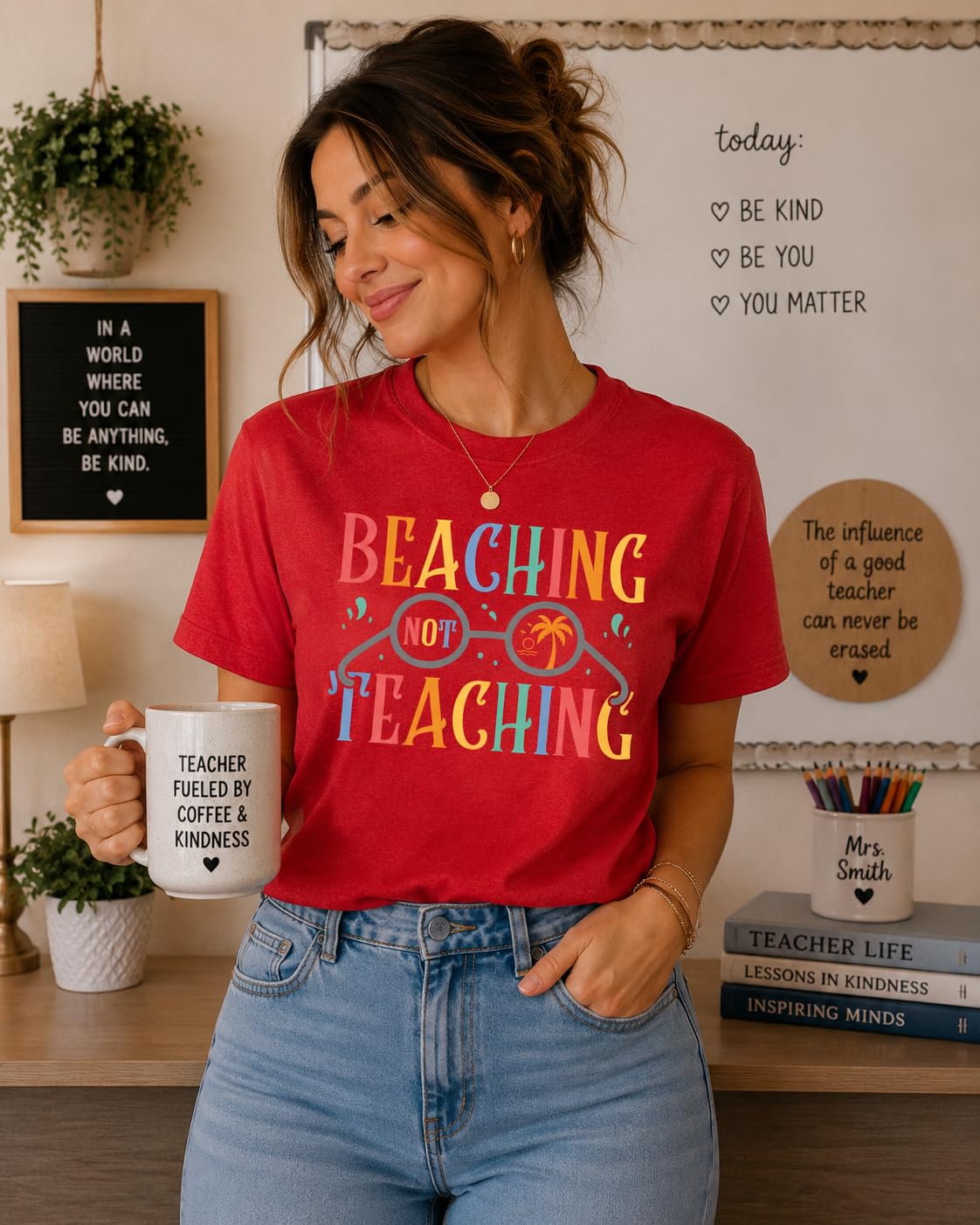 World and Space T-Shirt for Women, Funny Teacher Summer Vacation Tee, Retro Beach Graphic, 100% Cotton, Classic Fit