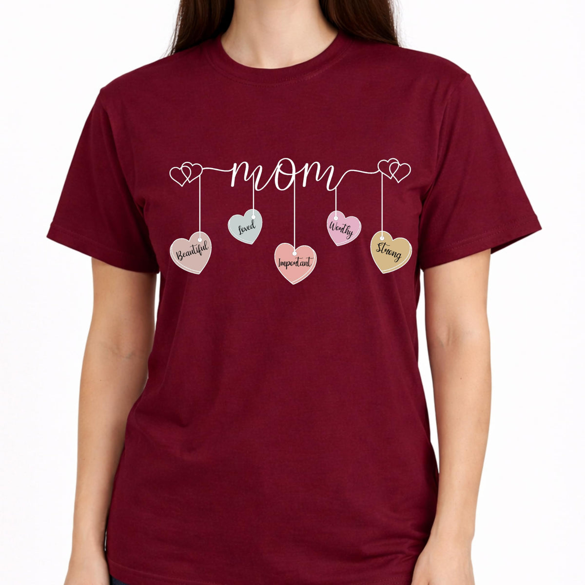Mom Shirt with Hanging Heart Charms, Cute Mother Graphic T-Shirt, Gift for Mom, Soft Casual Women’s Tee