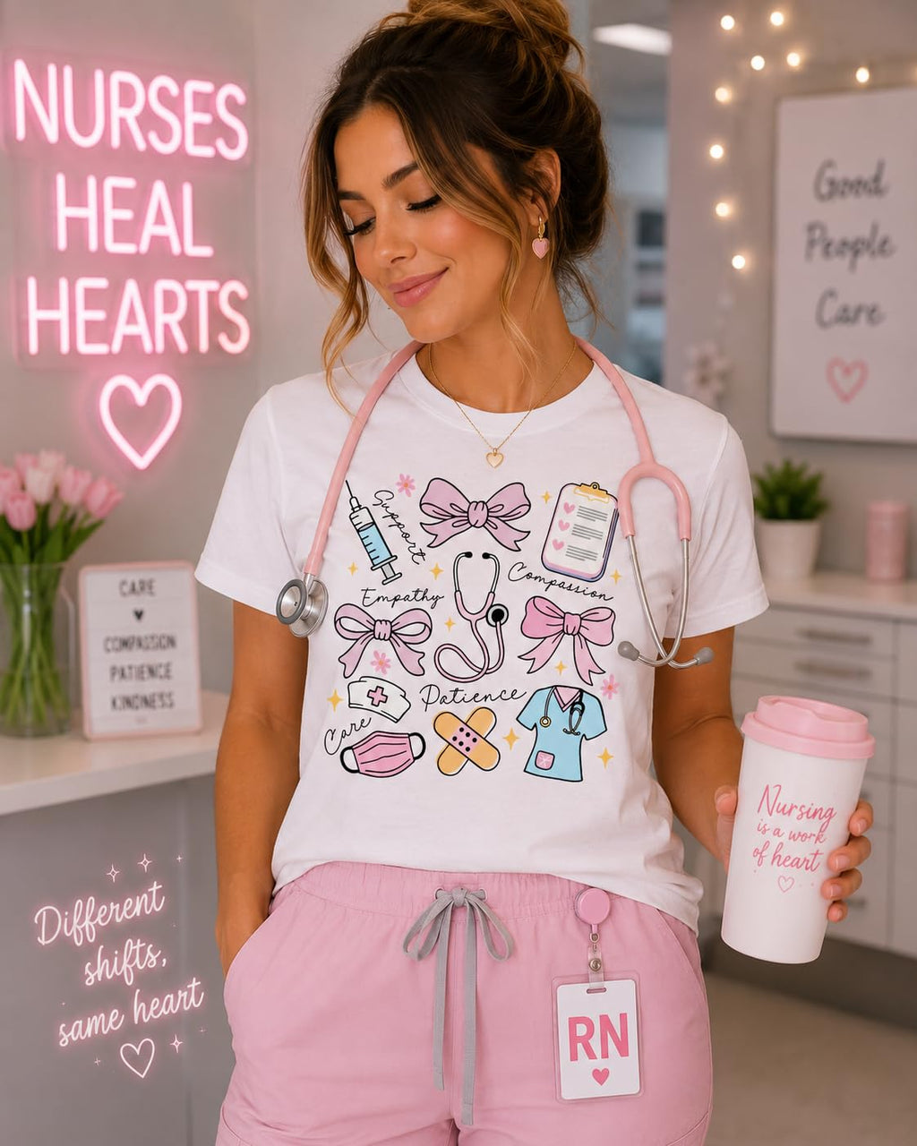 Nurse Shirt for Women, Cute Nursing Graphic Tee, Pink Bow Stethoscope Design, Registered Nurse Gift