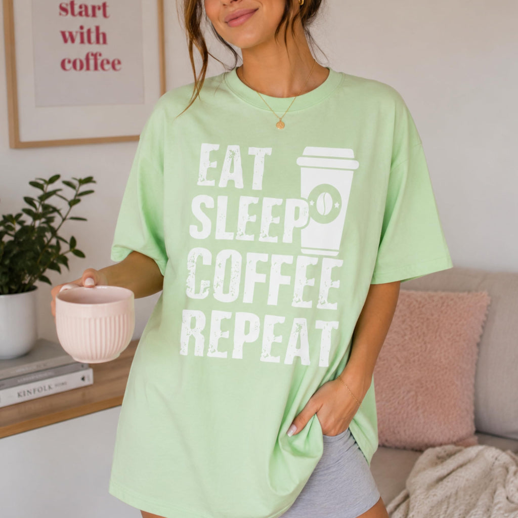 Eat Sleep Coffee Repeat Graphic Tee, Funny Caffeine Addict Quote Shirt for Women and Men, Trendy Barista Coffee Lover Gift