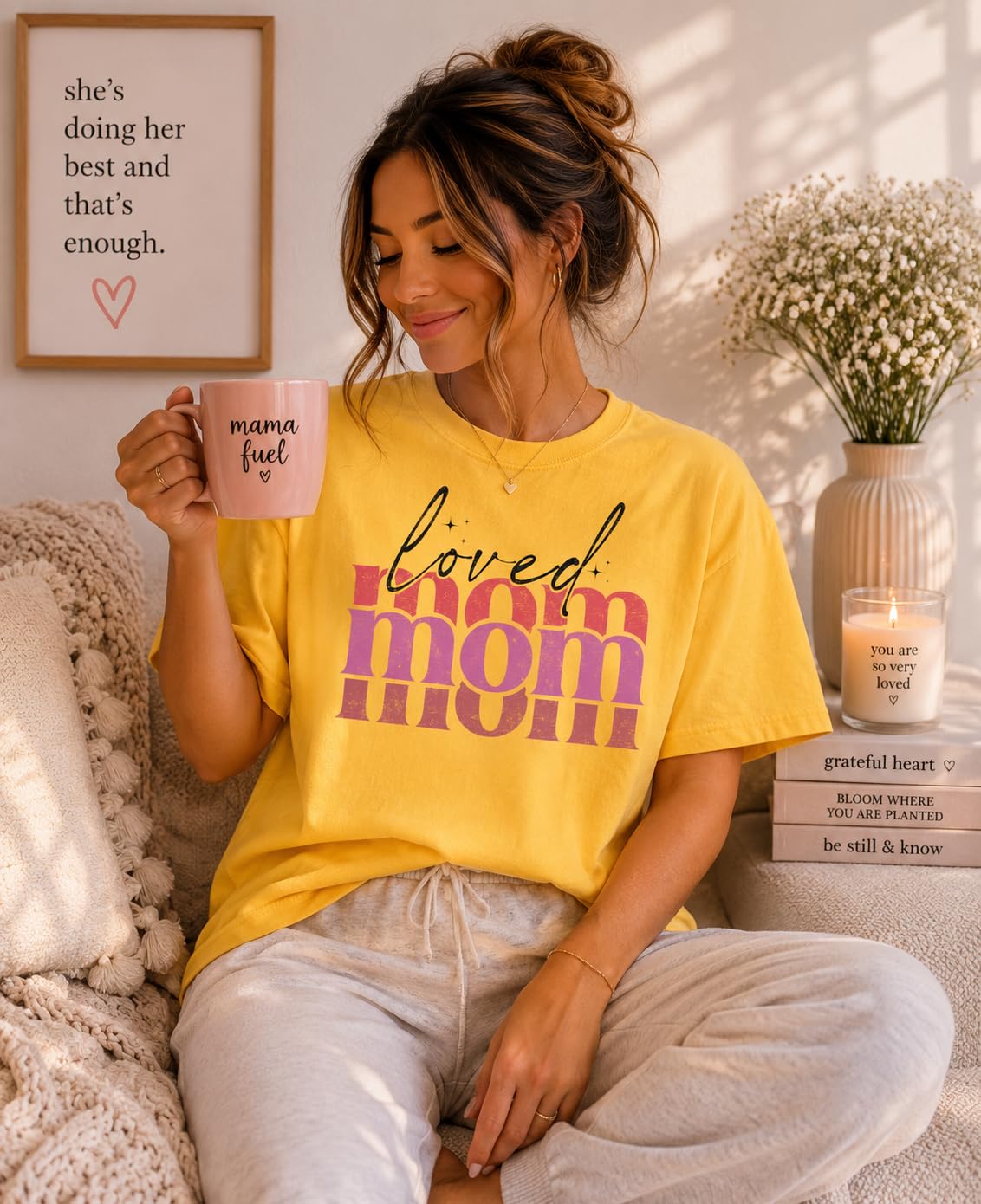 Loved Mom Graphic Tee for Women, Cute Retro Pink Mama T-Shirt, Aesthetic for Moms, Grandma, Wife