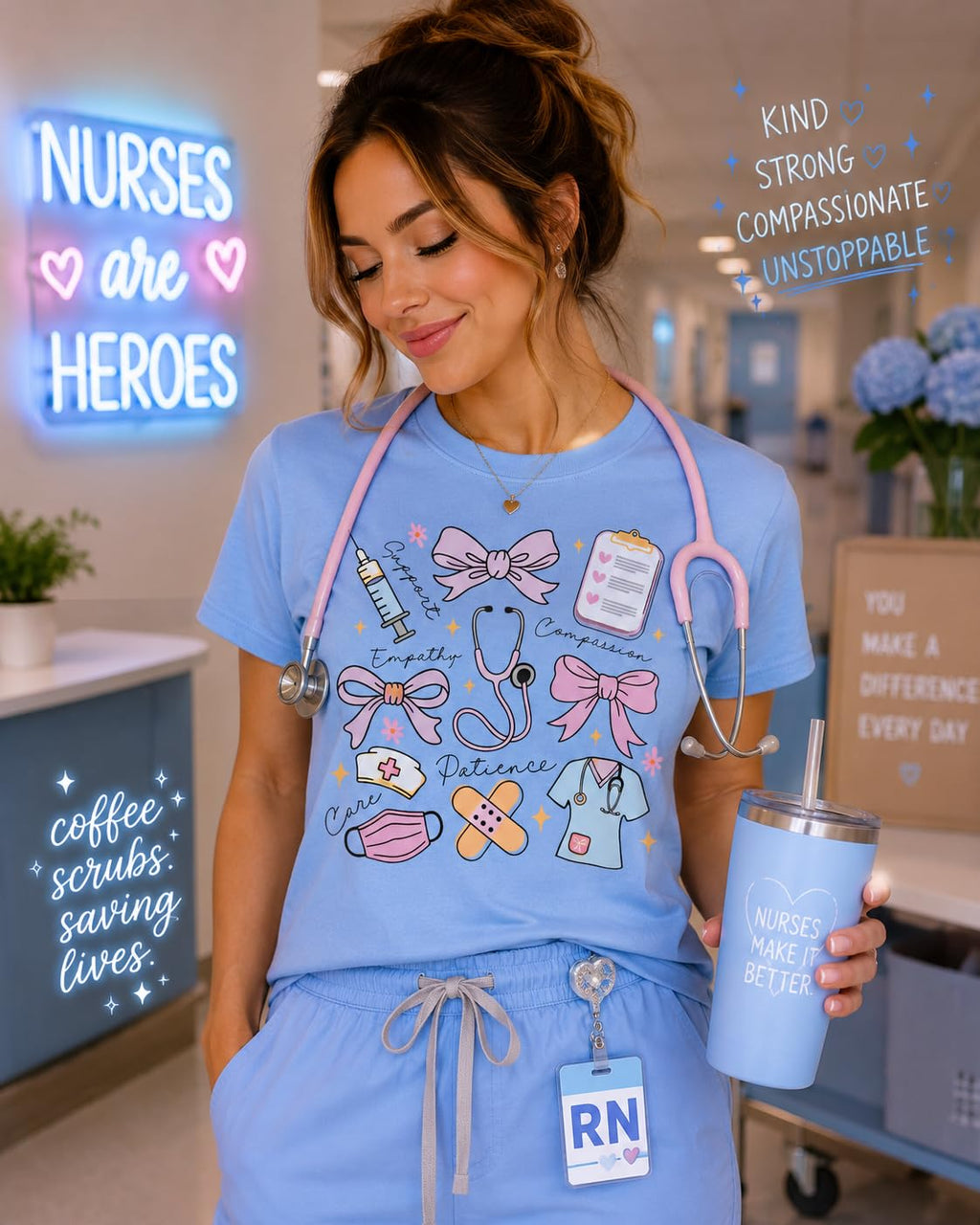 Nurse Shirt for Women, Cute Nursing Graphic Tee, Pink Bow Stethoscope Design, Registered Nurse Gift