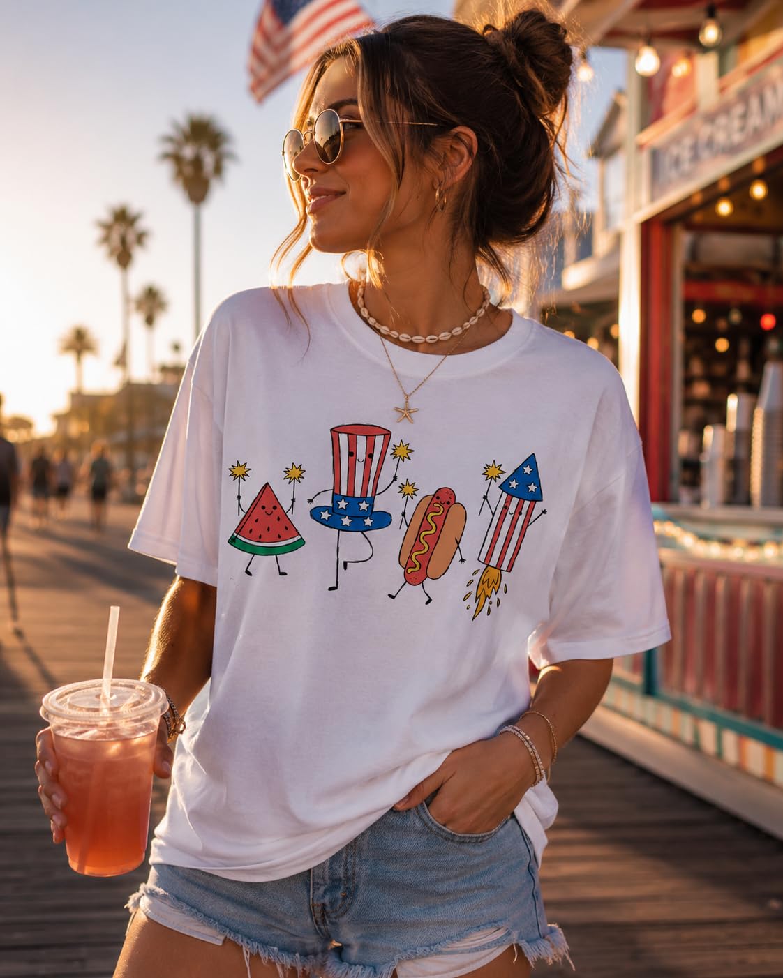 July 4th Patriotic Graphic Tee for Women, Independence Day American Flag Fireworks Top, USA Summer Shirt