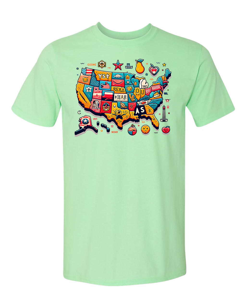 USA State Icons T-Shirt, Unique Map Design with State Symbols, Vibrant Colors, Travel/USA Lovers, Large
