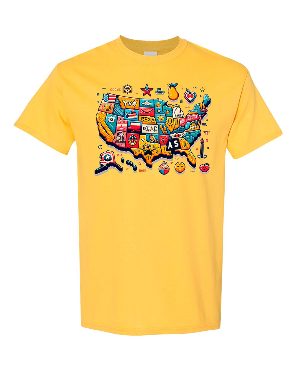 USA State Icons T-Shirt, Unique Map Design with State Symbols, Vibrant Colors, Travel/USA Lovers, Large