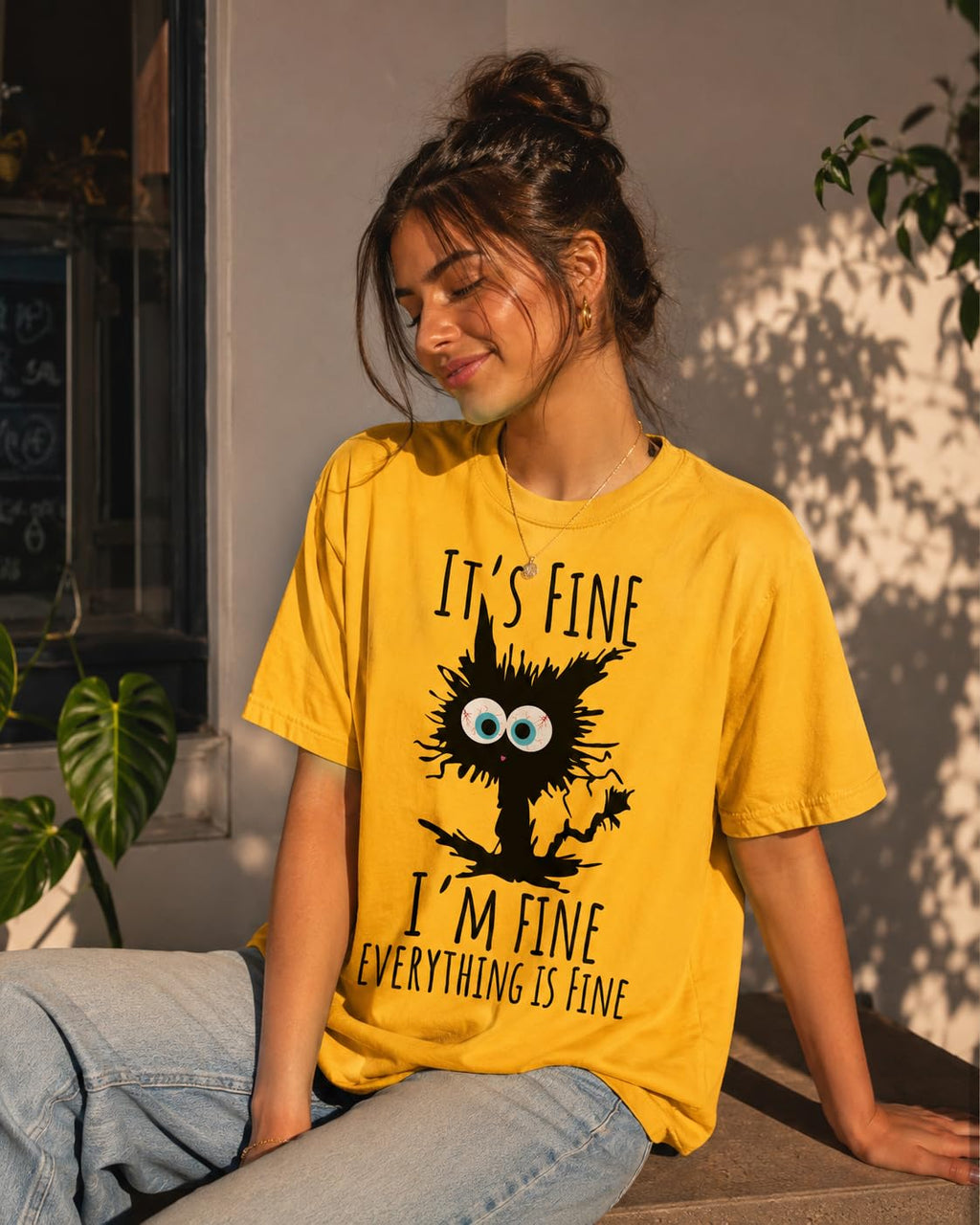 Black Cat Graphic T-Shirt It's Fine I'm Fine Everything is Fine