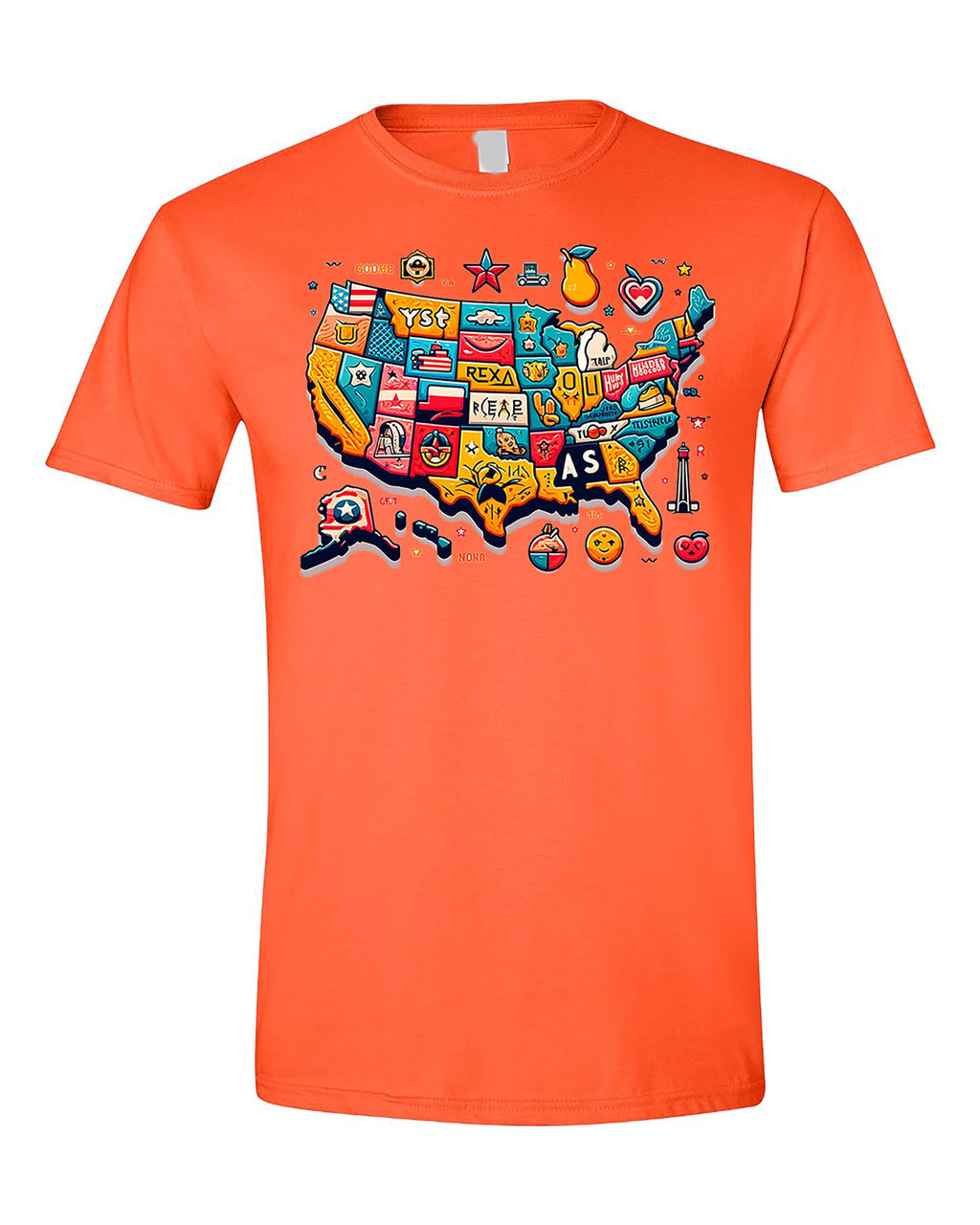 USA State Icons T-Shirt, Unique Map Design with State Symbols, Vibrant Colors, Travel/USA Lovers, Large