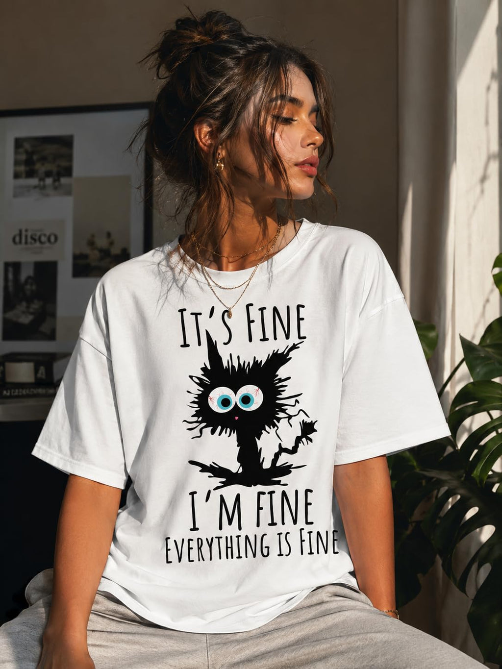 Black Cat Graphic T-Shirt It's Fine I'm Fine Everything is Fine