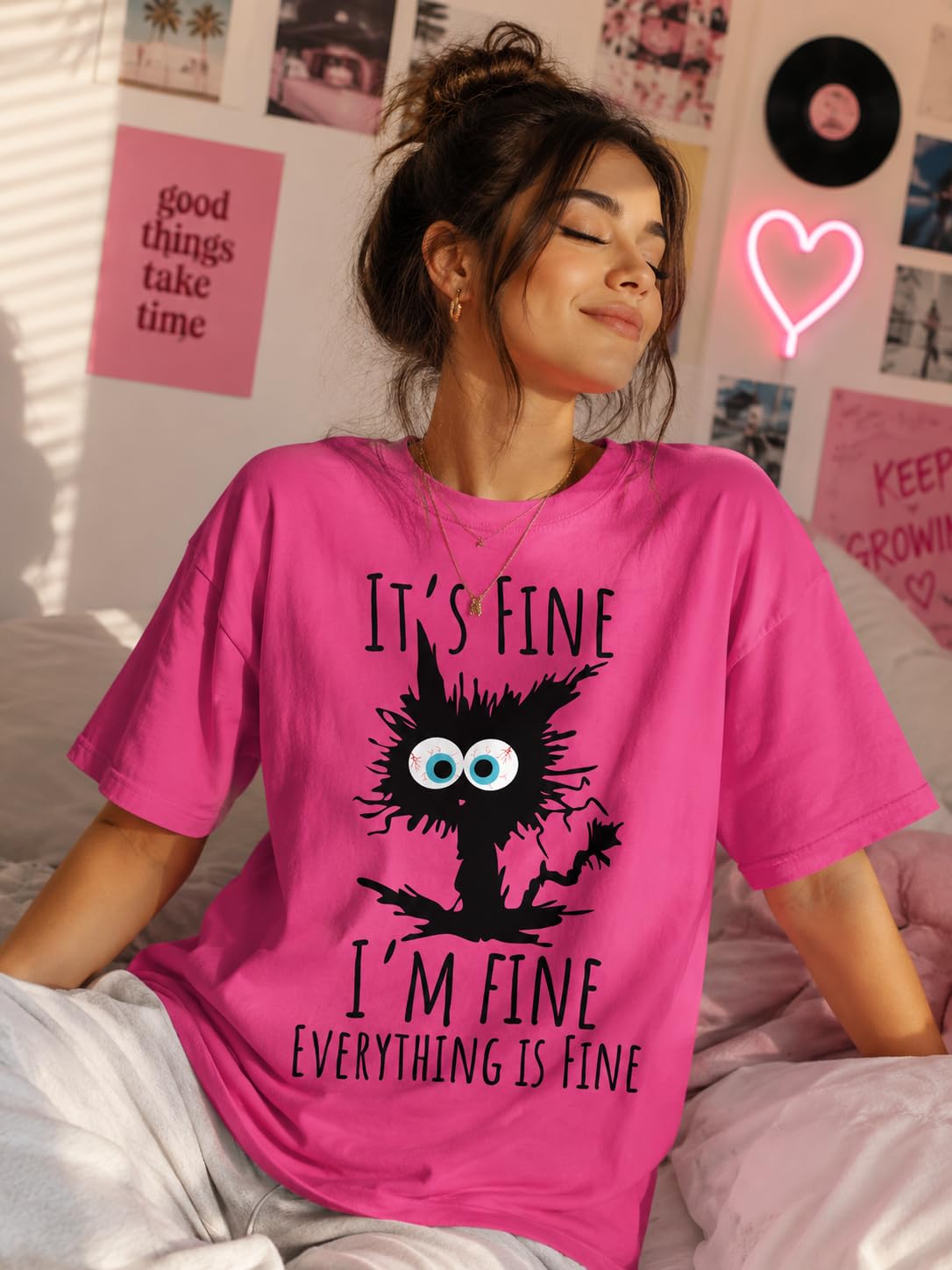Black Cat Graphic T-Shirt It's Fine I'm Fine Everything is Fine