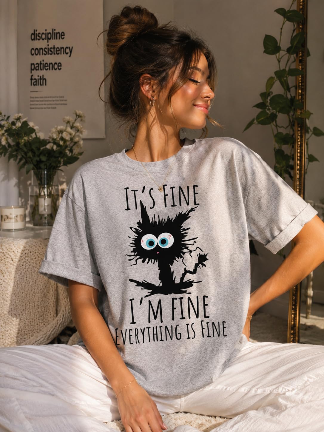 Black Cat Graphic T-Shirt It's Fine I'm Fine Everything is Fine