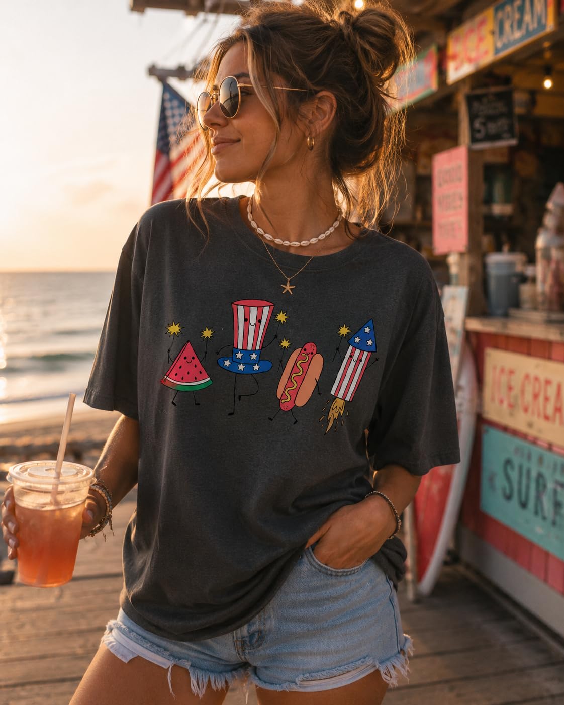 July 4th Patriotic Graphic Tee for Women, Independence Day American Flag Fireworks Top, USA Summer Shirt